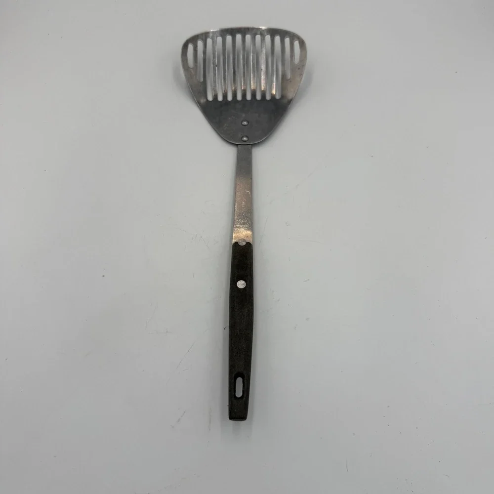 Vintage Household Japan Slotted Spatula Turner Stainless Steel Wood Handle 12